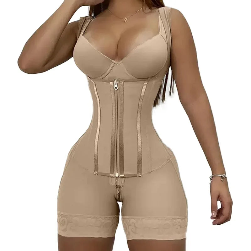 High-Compression Full Body Shaper Bodysuit With Double Tummy Control Open Crotch — Taupe | KIMLUD