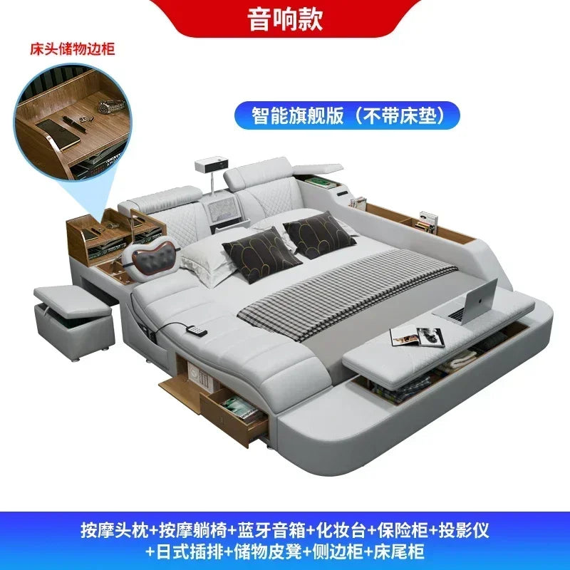 Leather Tatami Multifunction Bed With Projector — Ivory | KIMLUD