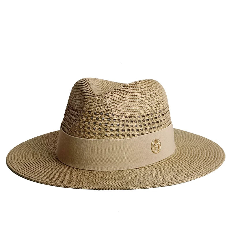 Straw Pearl Chain Flat Top Sun Hat — Beige | KIMLUD