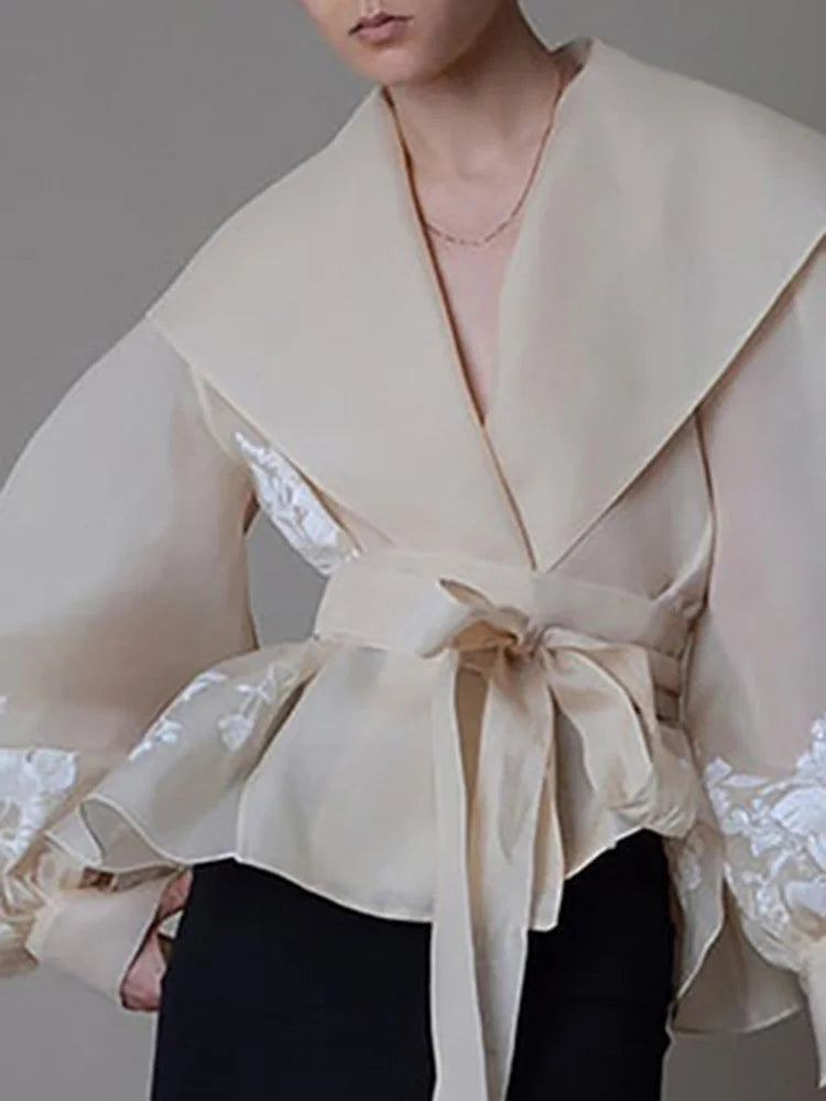 TWOTWINSTYLE Colorblock Patchwork Lace Up Shirts For Women V Neck Lantern Long Sleeve Temperament Blouses Female Fashion Style