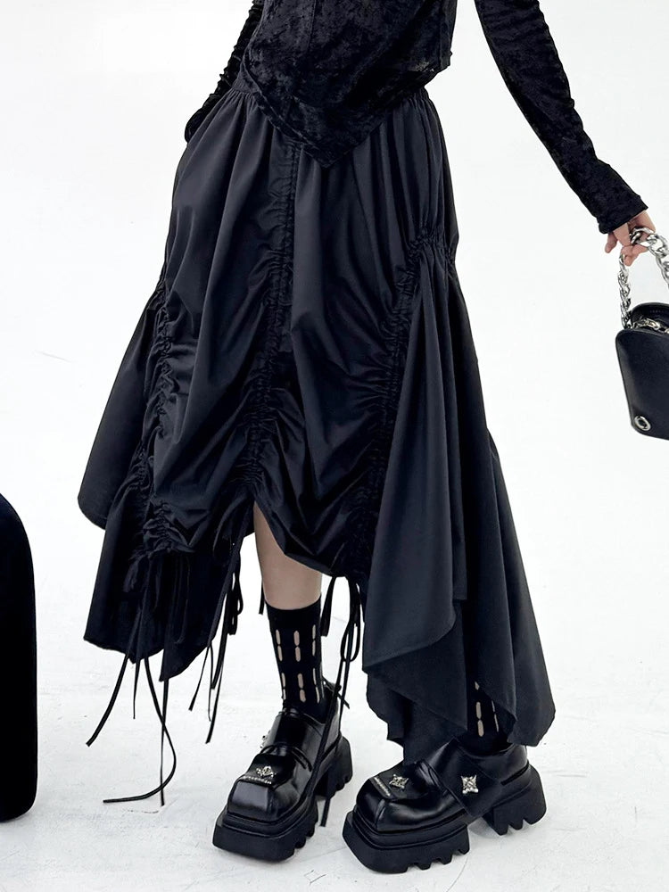 Skirt – Drawstring Waist – Irregular Hem – Cotton – Black | KIMLUD