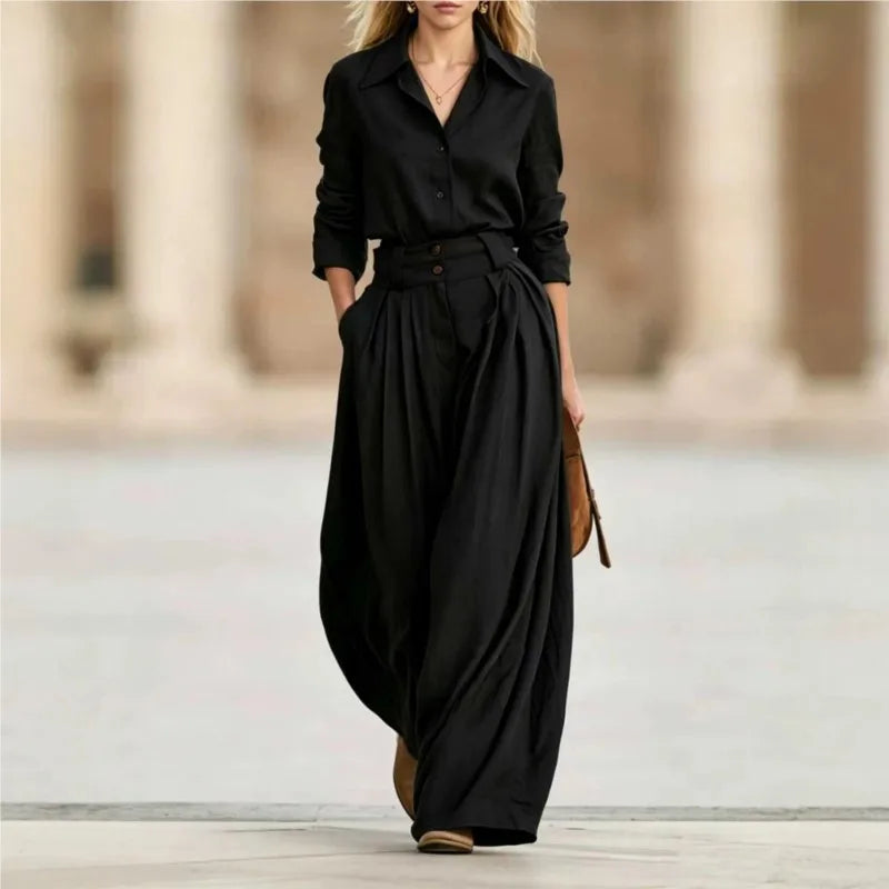 Two Piece Set – Lapel Shirt and Pleated Wide Leg Pants – Loose | KIMLUD