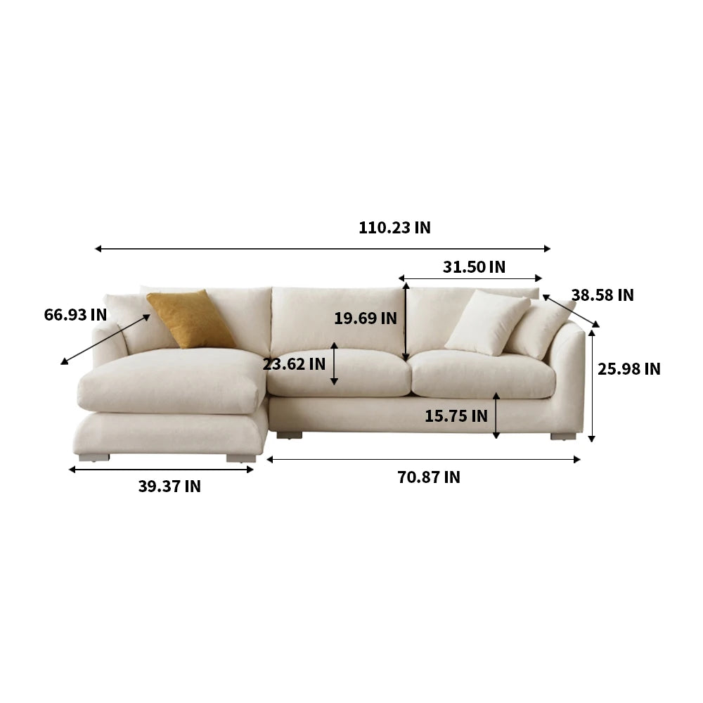 L-Shaped Cloud Down Chaise Sofa With Linen Upholstery And Removable Washable Covers — Ivory | KIMLUD