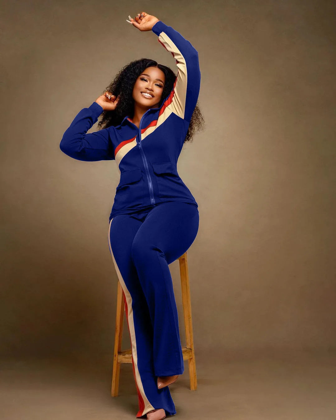 Custom LOGO Spring  Women's Sports Casual Fashion Color-matching Pocket Lapel Zipper Top Straight Pants Two-piece Set S-4XL