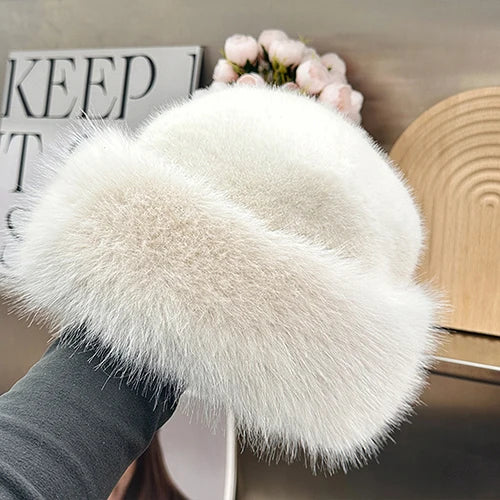 Mink Fur Hat Plush Cotton Lining Warm Winter — Black | KIMLUD