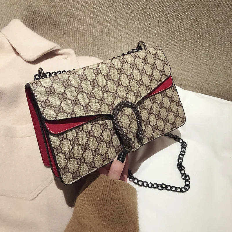 PU Mini Crossbody Bag Vintage Print With Chain Strap Monogram — Beige-Cream | KIMLUD