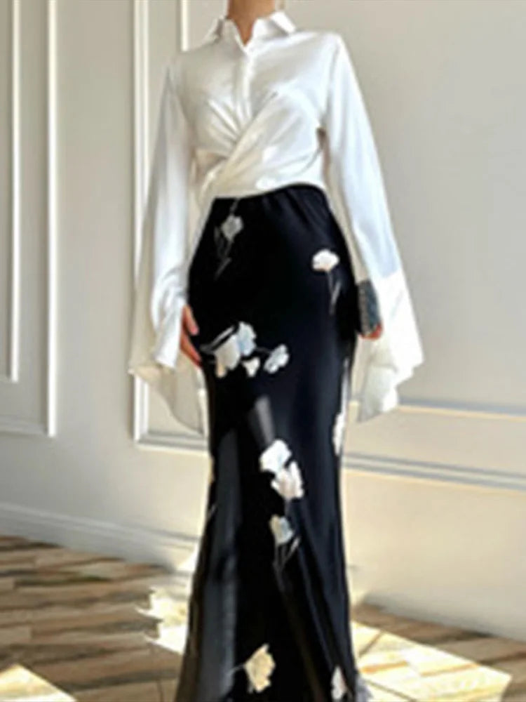 Blouse Skirt Set – Lace Up Lapel – Blended Fabric | KIMLUD