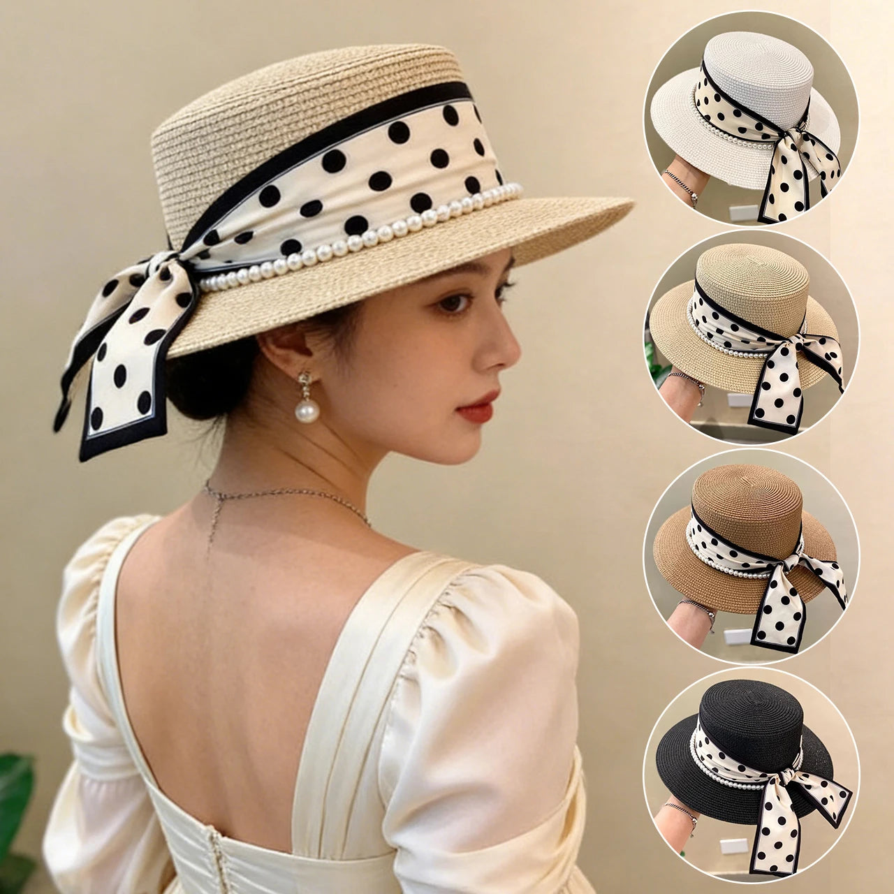 Fashion Straw Hat for Women Dot Ribbon Pearl Summer Wide Brim Sunshade Dome Basin Hats Franch Lady Elegant Travel Beach Sun Cap