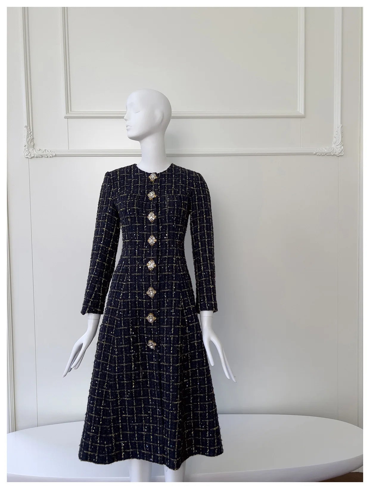 IEQJ Fashion Autumn Winter Evening Dress Women O-Neck Long Sleeves Single-breasted Zipper Cotton Tweed Umbrella Dresses New