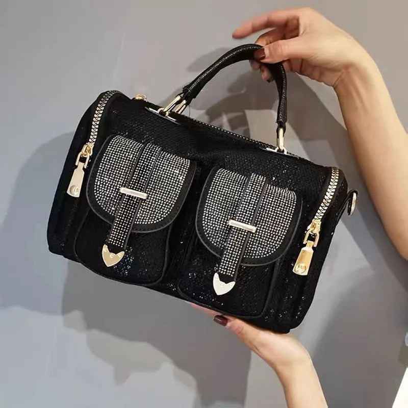 Mesh Paillette Messenger Bag Iridescent — Black | KIMLUD