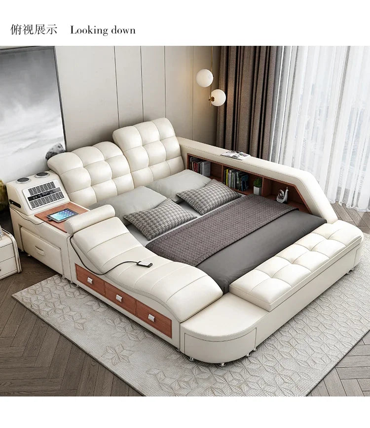 Genuine Leather Bed Tech Smart Multifunctional Massage, Bluetooth Speaker, Air Cleaner — White | KIMLUD