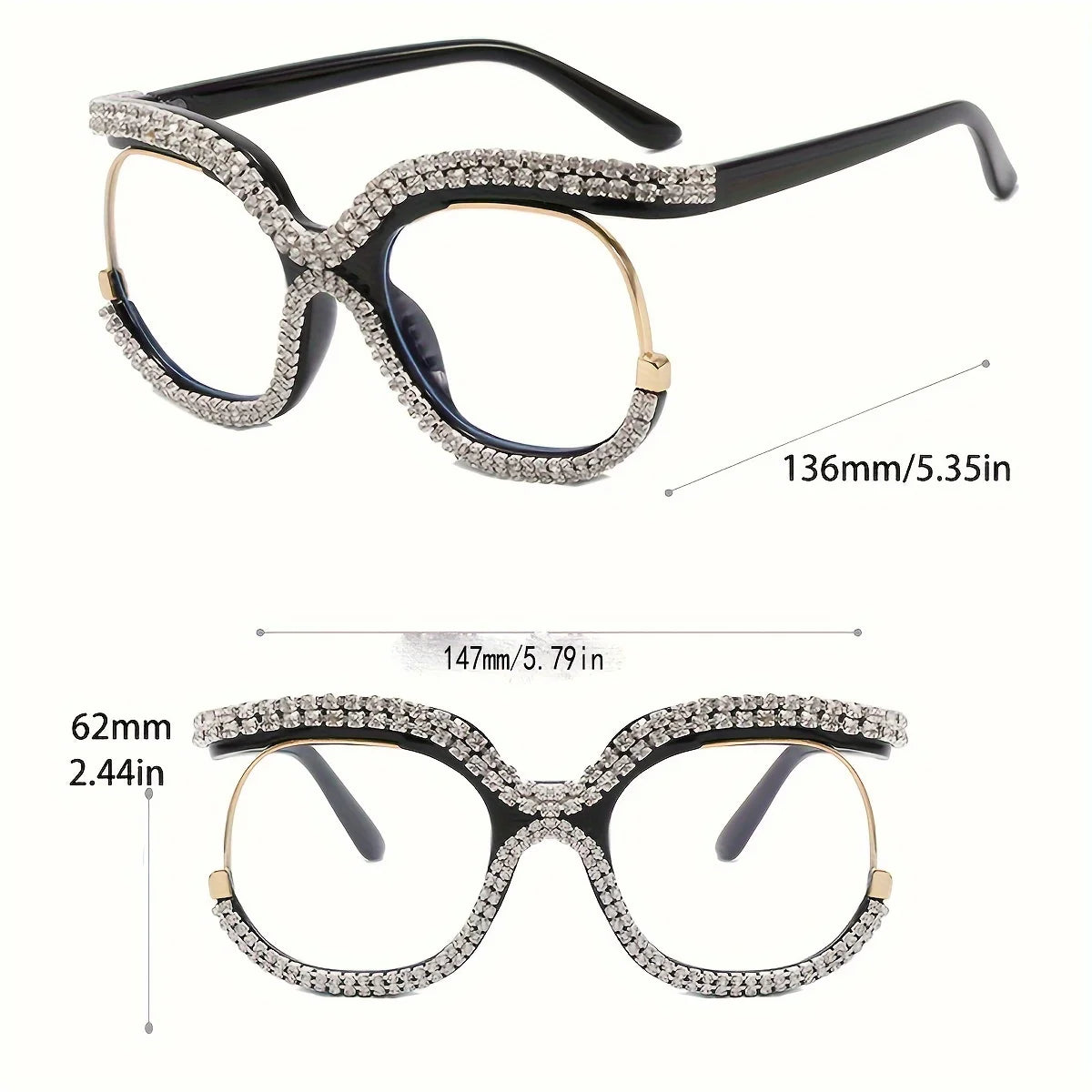 Crystal Rhinestone Oversized Glasses — White Crystal Accents | KIMLUD
