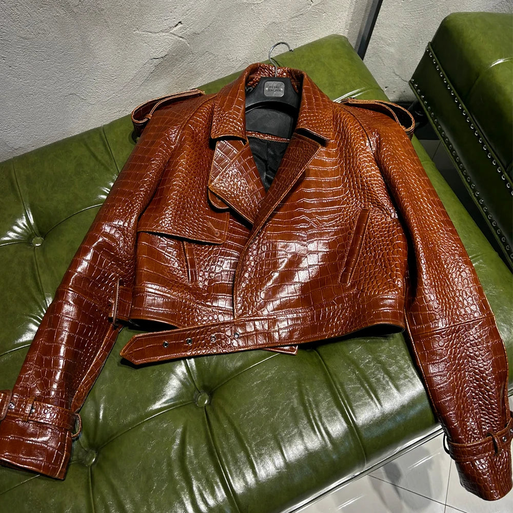 Crocodile Texture Woman Leather Jacket Short Autumn Jacket Leather Fashion Shoulder Pad Jacket
