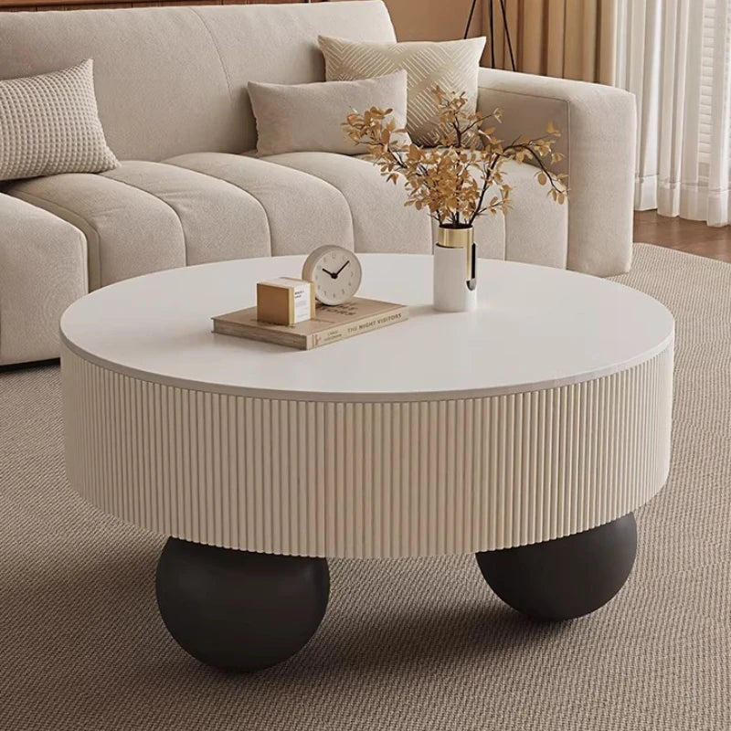Minimalist Round Coffee Table With Storage Drawers — Ivory White | KIMLUD