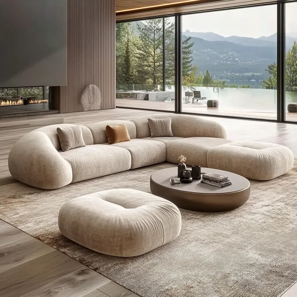Velvet Modular Sectional Sofa With Chaise Convertible With Plush Cushions — Cream Beige | KIMLUD