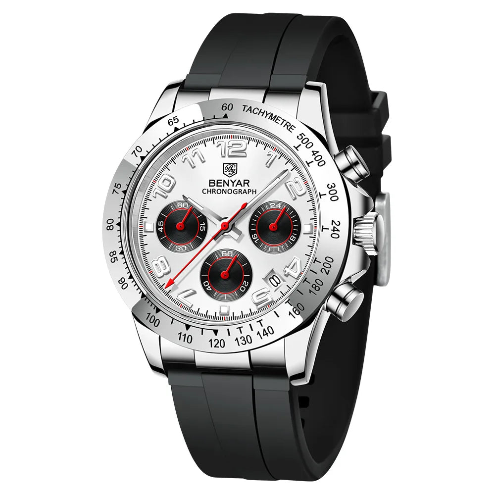 BENYAR New Casual Mens Quartz Watches Steel Bezel Silicone Strap Waterproof Multifunctional Luminous Wristwatch For Man