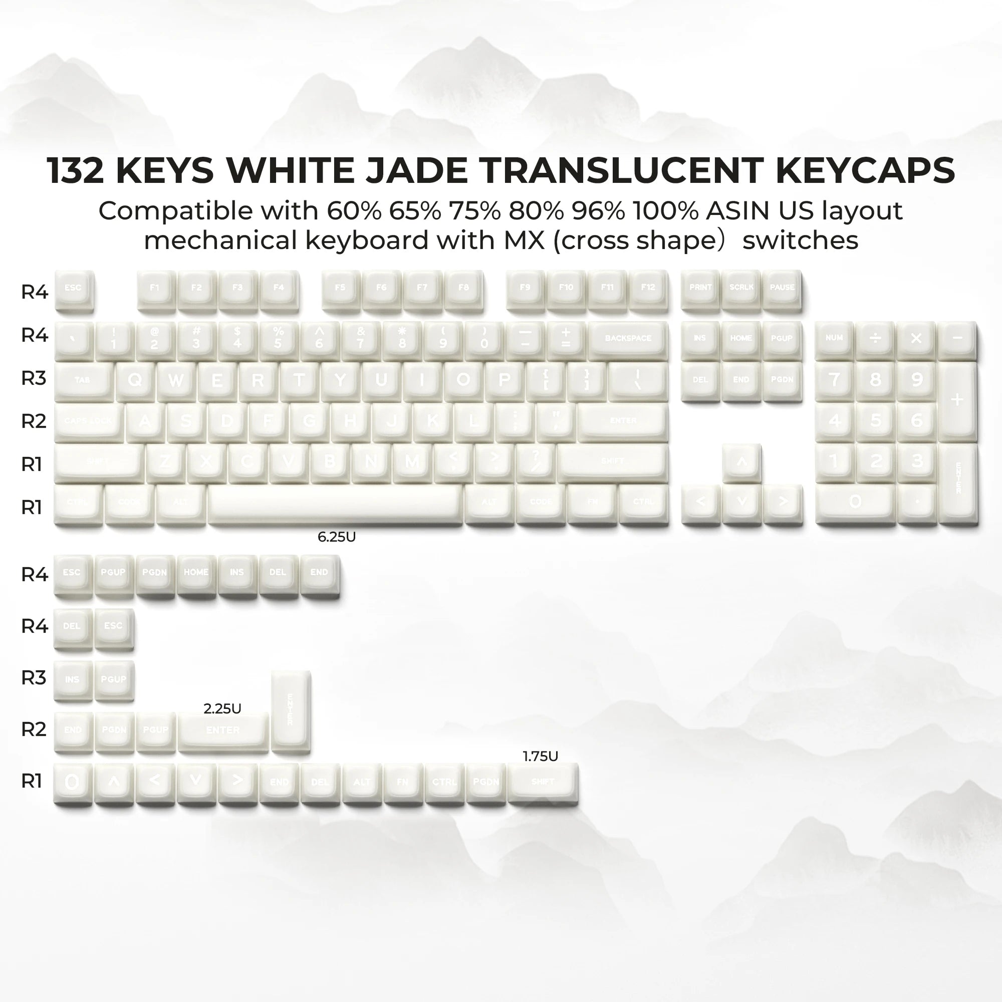 XVX MDA Profile White Jade Double Shot PBT Keycaps Set Translucent Shine Through Keycaps for Mechanical Keyboard 132 Keys