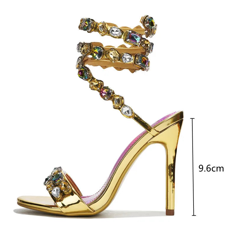 Wraparound Gladiator Sandals Crystal Embellished — Gold | KIMLUD