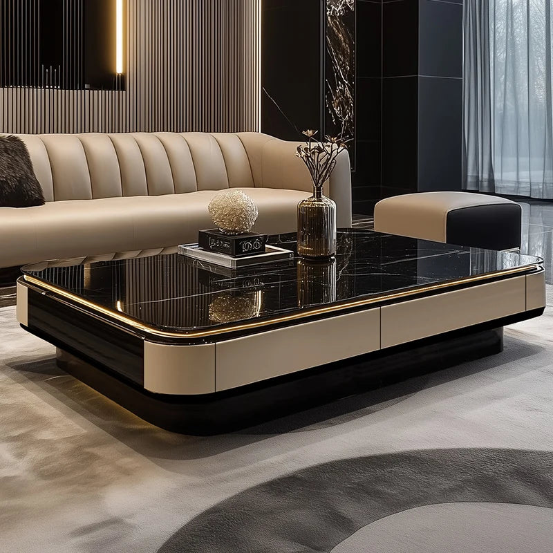 Nordic Light Luxury Coffee Table With Tempered Glass Top And Cream Wood Base — Black | KIMLUD
