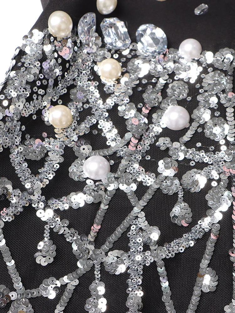 Sequin Patchwork Diamonds Dress With Long Sleeves — Black | KIMLUD