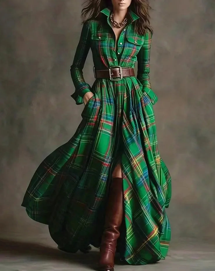 Polyester A-Line Dress Plaid Belted Retro Long Sleeve Turn-Down Collar — Black | KIMLUD