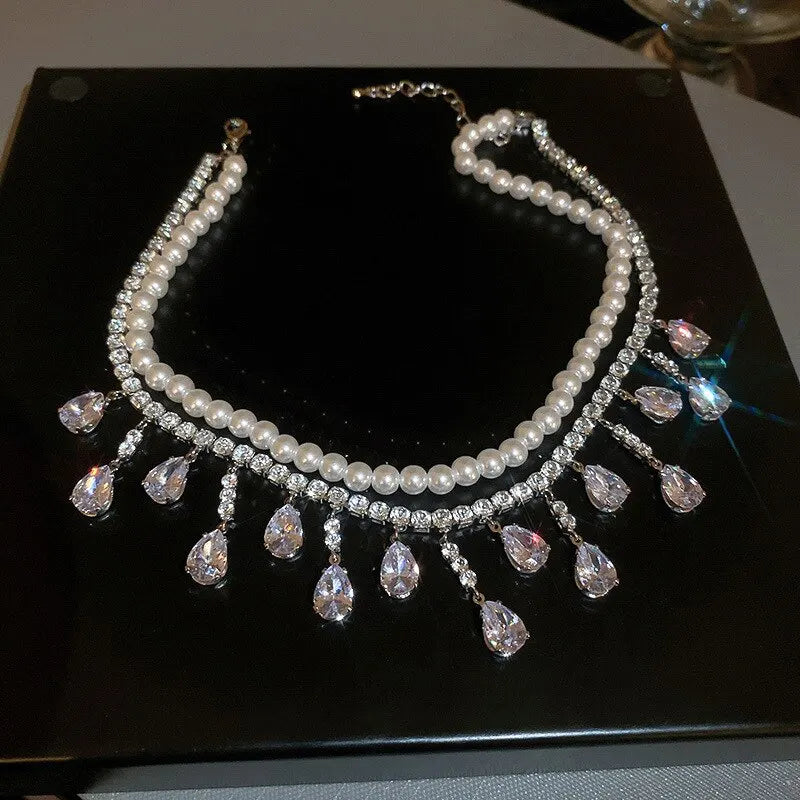 Luxury Rhinestone Crystal Chokers Necklaces For Women Multilayer Imitation Pearl Chain Necklace For Party Wedding Jewelry
