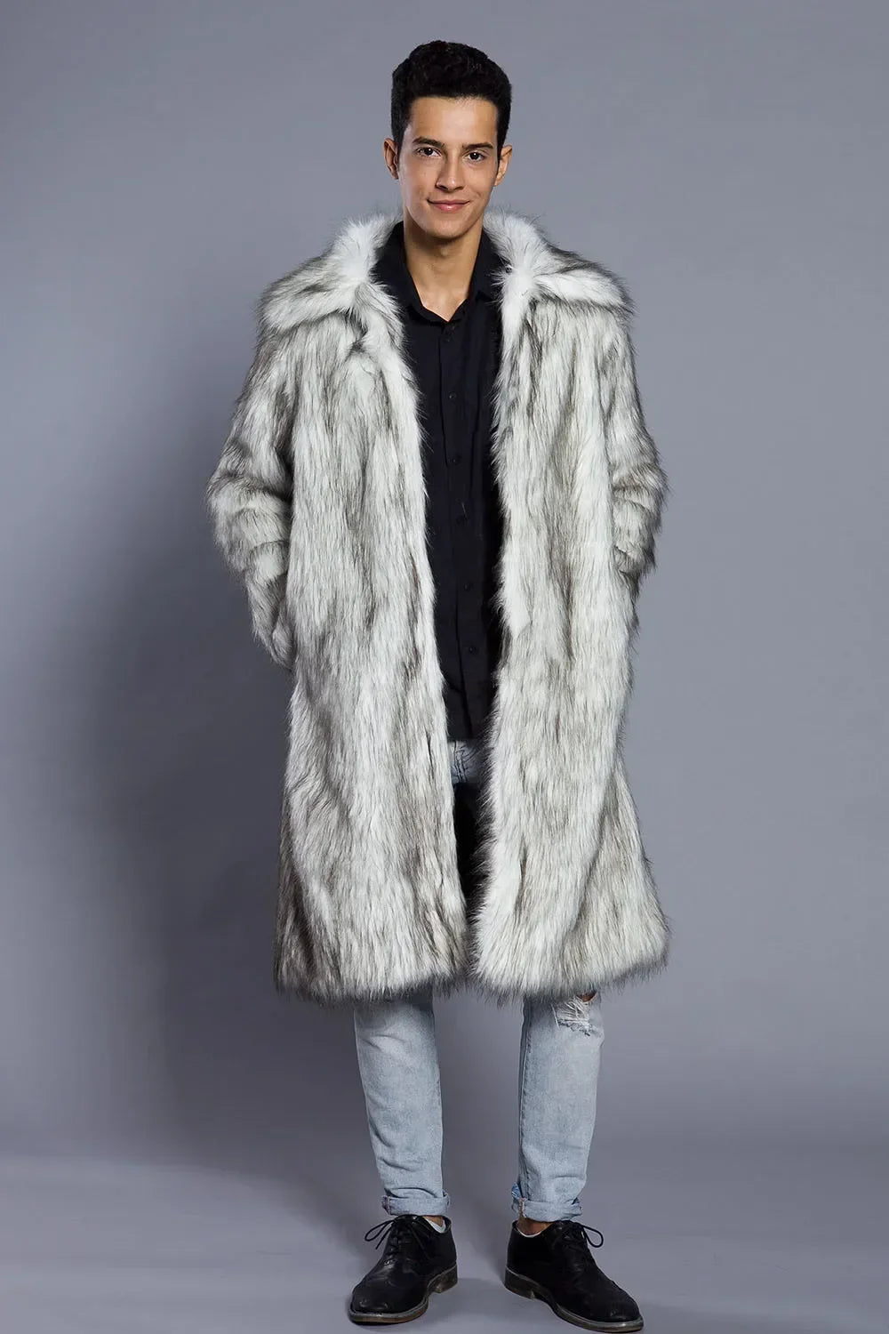 Men's Faux Fur Coat - Long Coat - Faux Fur | KIMLUD