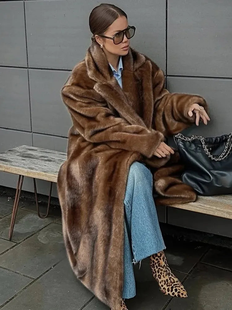 Faux Fur Coat – Turn-Down Collar – Man-Made Fiber – Mixed Color | KIMLUD