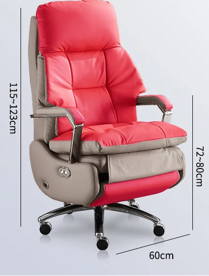 Red office chair with features and dimensions displayed on a white background
