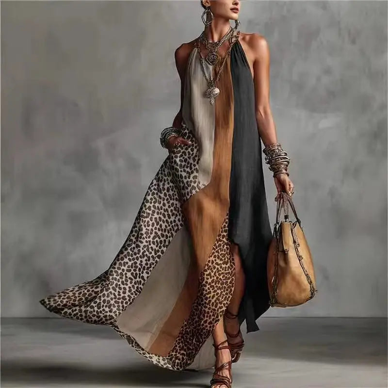 Patchwork Leopard Print Maxi Dress Halter Neck Hollow Out Split — Beige | KIMLUD