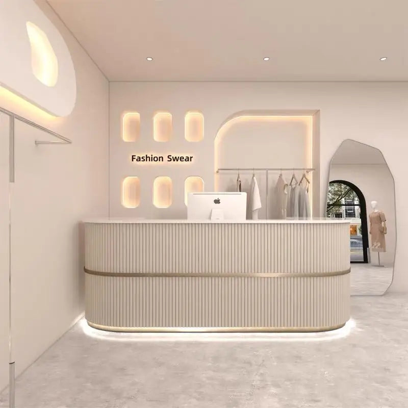 Curved Wood Reception Desk Modern Office — Walnut | KIMLUD
