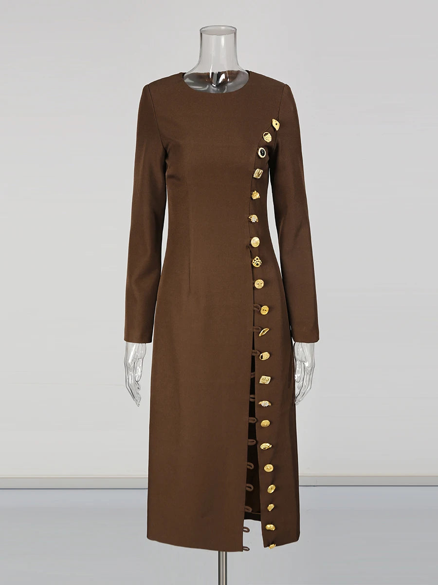 KIMLUD, TWOTWINSTYLE Solid Slimming Spliced Breasted Fashion Dresses for Women Round Neck Long Sleeves High Waist Dress Female Clothing, KIMLUD Womens Clothes