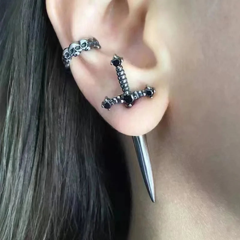 Silver-Tone Ear Jacket Earrings Punk Sword — Silver | KIMLUD