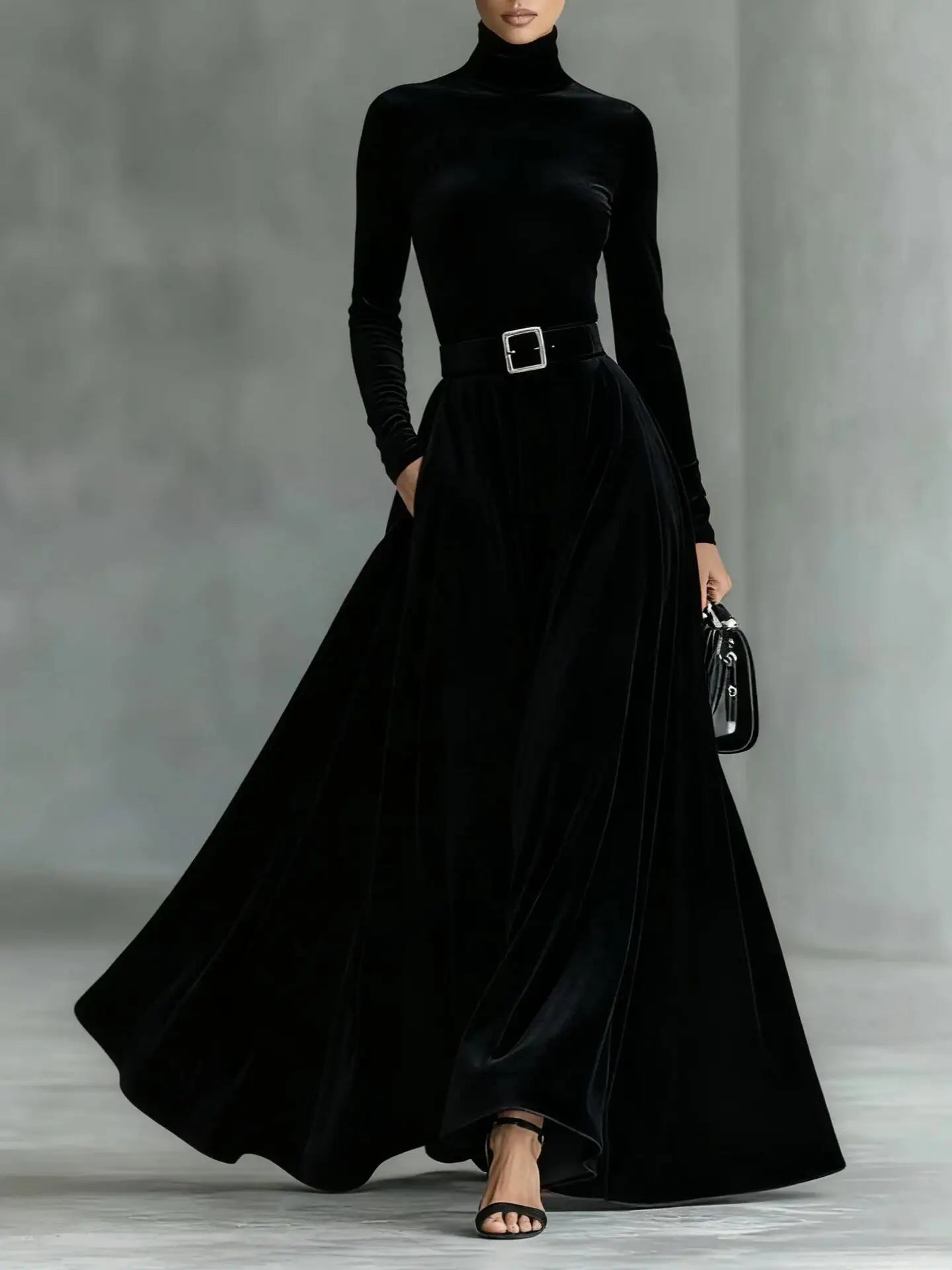 Velvet High Collar Evening Gown Mid-Waist Draped Skirt — Black | KIMLUD