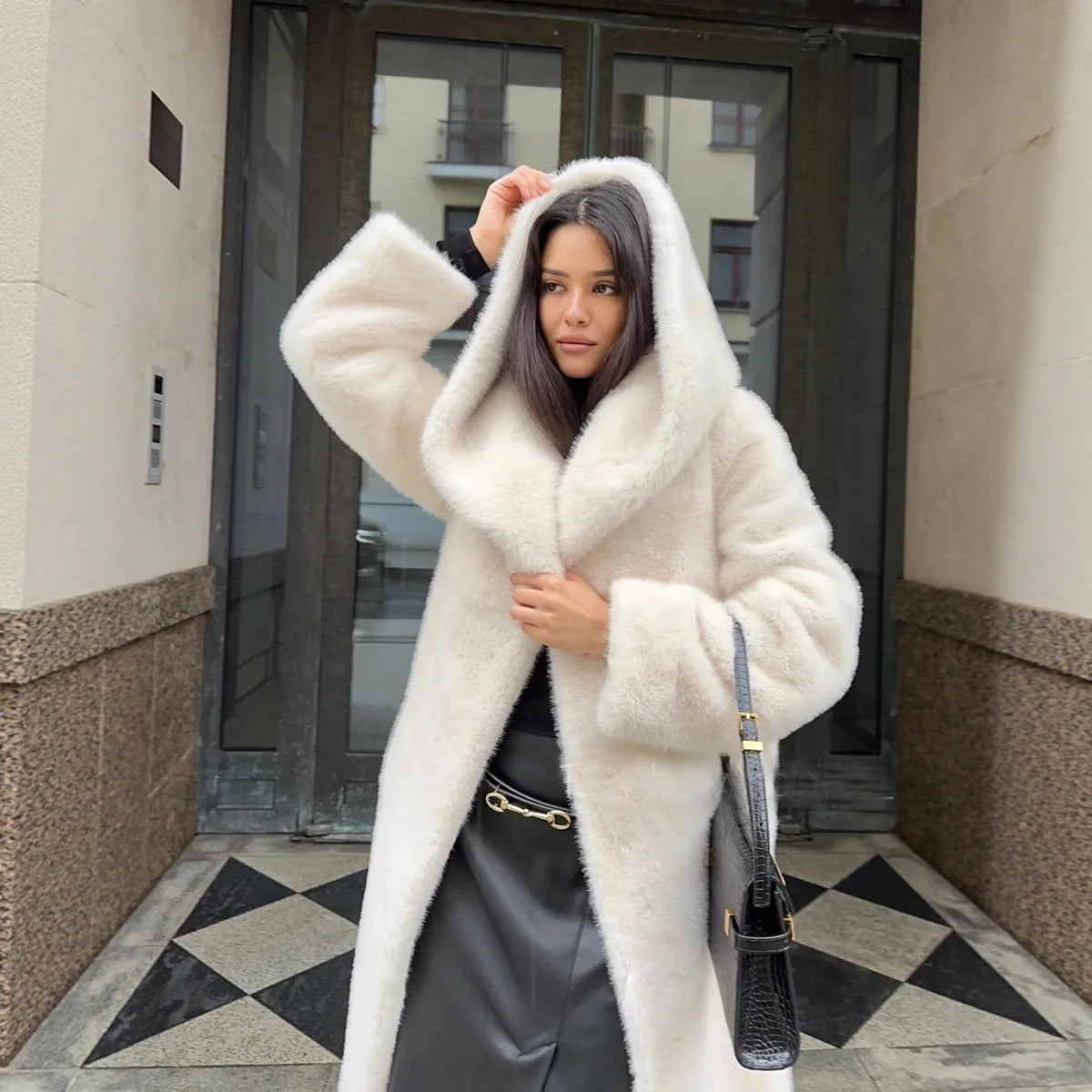 Faux Fur Coat – Hooded – Regular Length – Artificial Fur | KIMLUD
