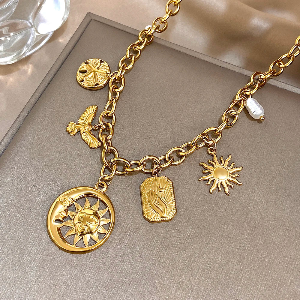 Necklace – Sun Moon Multi Accessory – Stainless Steel – Gold | KIMLUD
