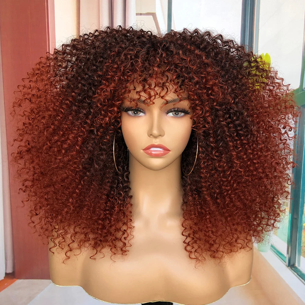 Afro Kinky Curly Hair Wigs With Bangs — Natural Brown Mixed | KIMLUD