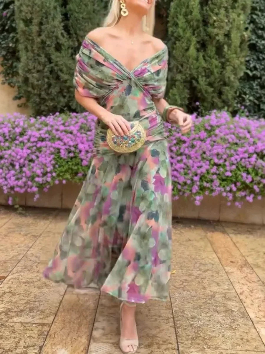 2025 New Fashion Printed Ruffle Dress Your Summer Casual Loose Bohemian Vacation V-neck Short-sleeved Long Dresses For Women