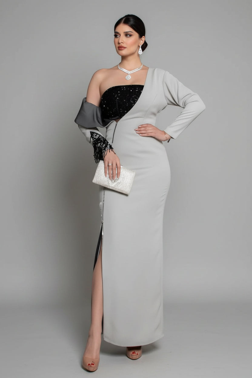 Jersey Evening Dress Beaded Square Collar Long Sleeves — Soft Dove Grey | KIMLUD