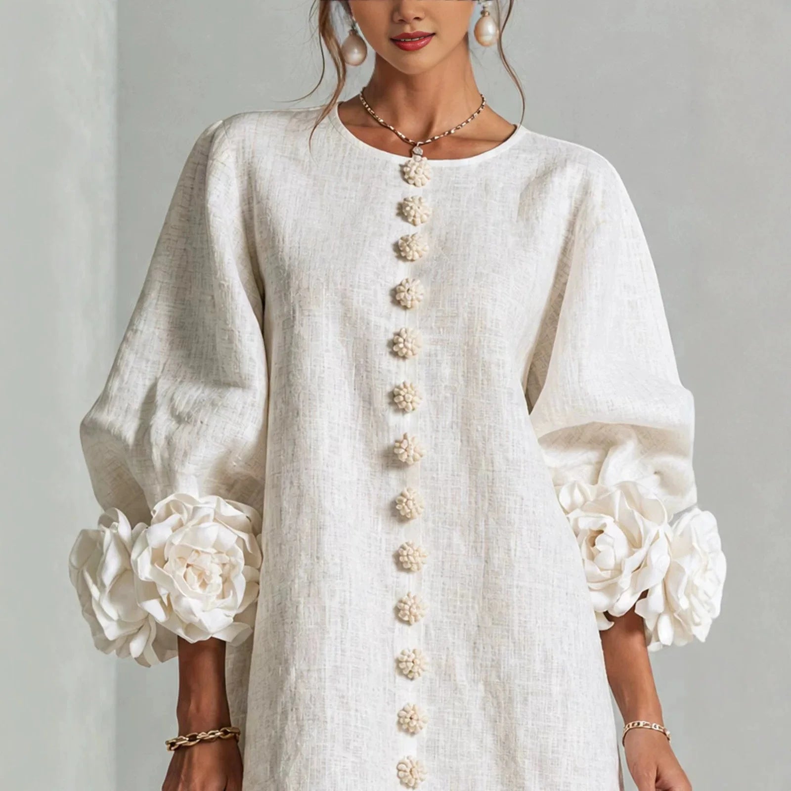 French-style Three-dimensional Flower Lantern Sleeve Cotton-linen Dress with a Round Neck, Single Button Closure, Loose Fit, and