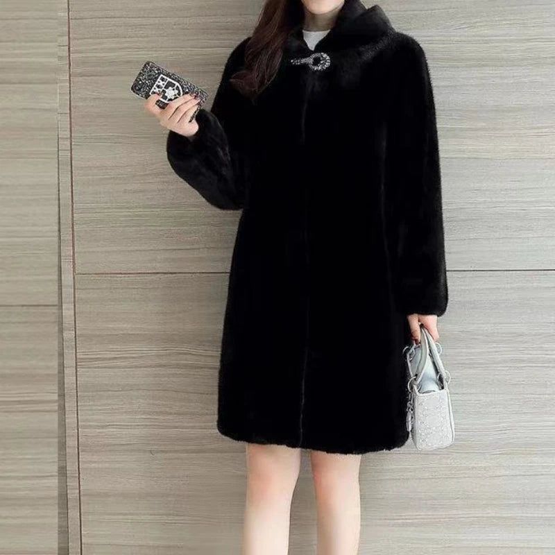 Mid-Length Hooded Luxe Faux Fur Coat — Black | KIMLUD