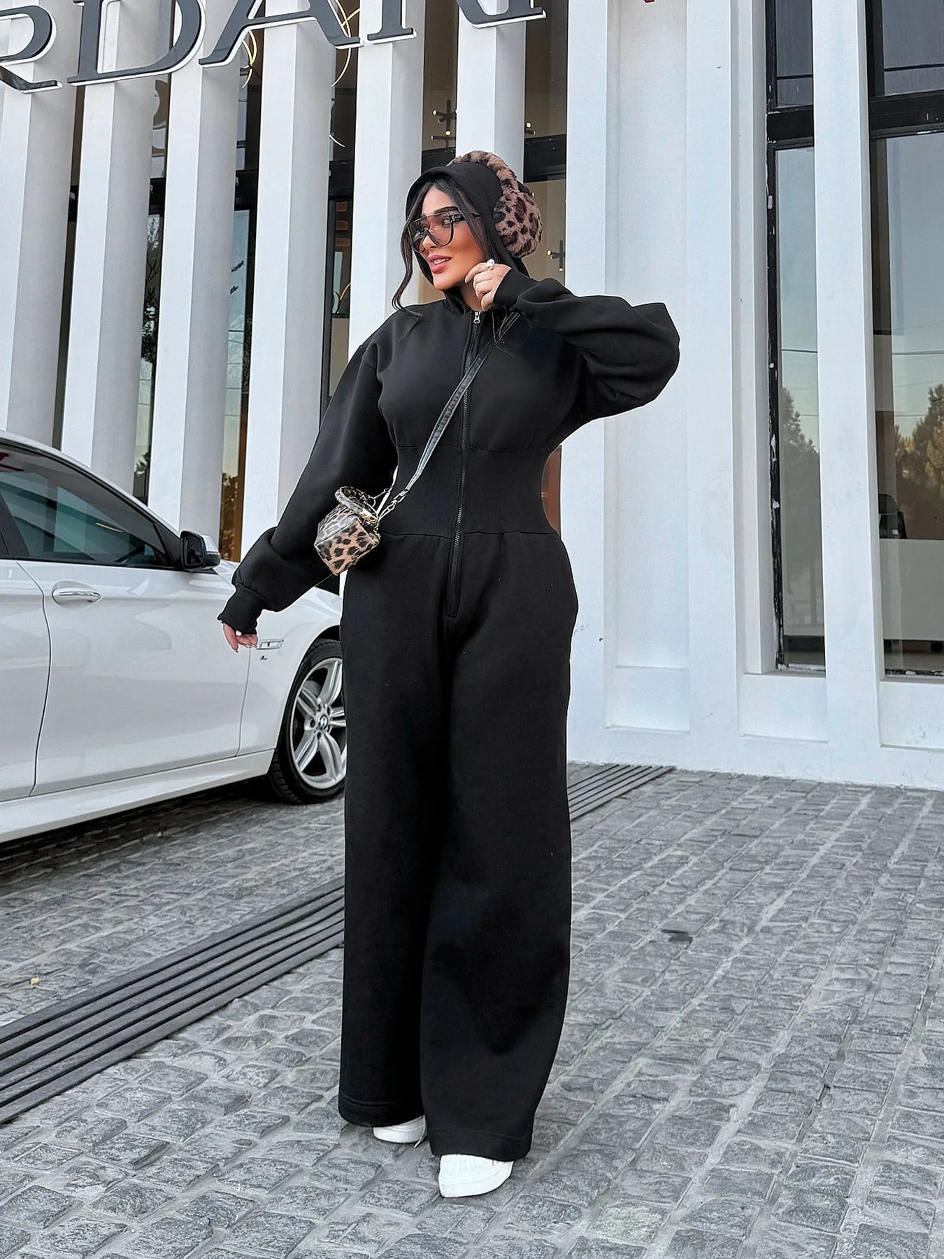 Hooded Zipper Jumpsuit Elastic-Waist — Black | KIMLUD