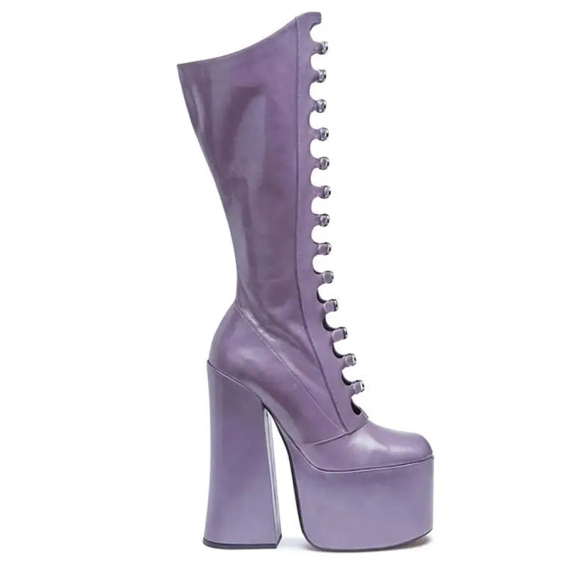 PU Knee-High Boots Side Zipper Square Heel Platform — Black | KIMLUD