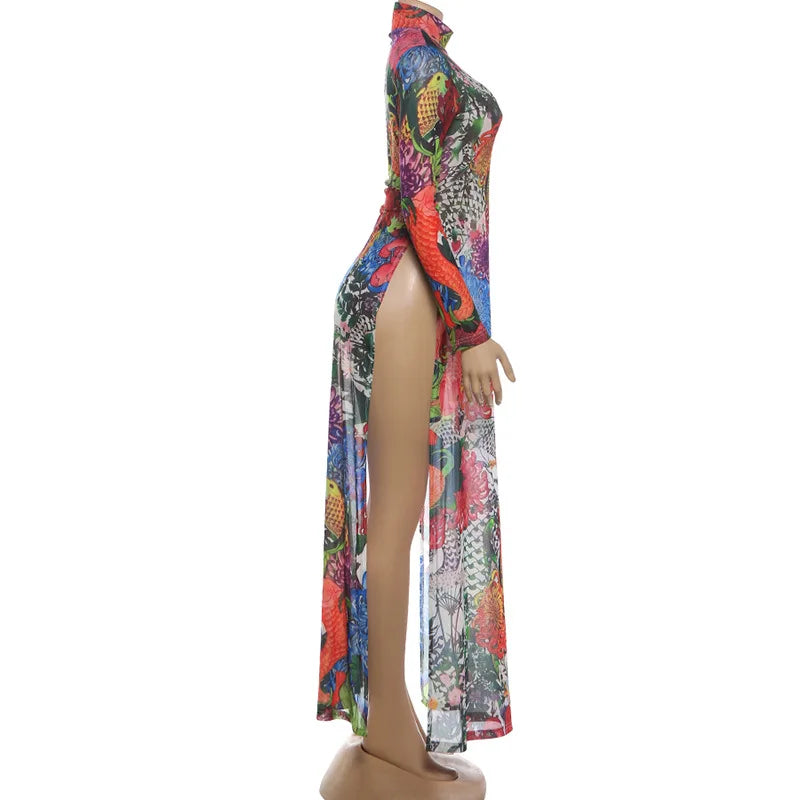 Mesh Maxi Top With High Collar Plant Print Open Split And Sheer Overlay — Black | KIMLUD