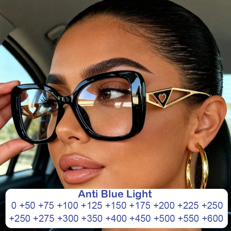 Luxury Brand Oversized Square Reading Glasses Women Triangle heart Temple Eyeglasses Blue Light Blocking Clear Computer Glasses