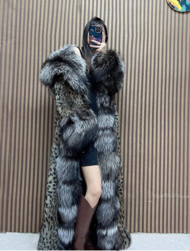 KIMLUD, 120cm Length Women's Genuine Rabbit Fur Coat Fox Fur Hooded Long Jacket Luxury Overcoats, KIMLUD Womens Clothes