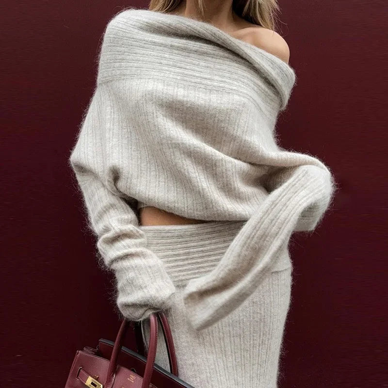 KIMLUD, Knitting Off The Shoulder Long Sleeve Women'S Tops Skirt Women'S Sets Sweatshits Sweater Streetwear Wholesale Clothes, KIMLUD Womens Clothes