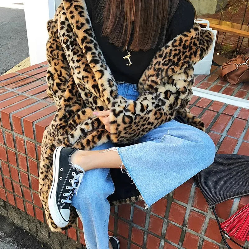 Leopard Faux Fur Women Long Coats Autumn Winter Print Jackets Turn Down Collar Maxi Punk Gothic Coat Thick Warm Open Stitch