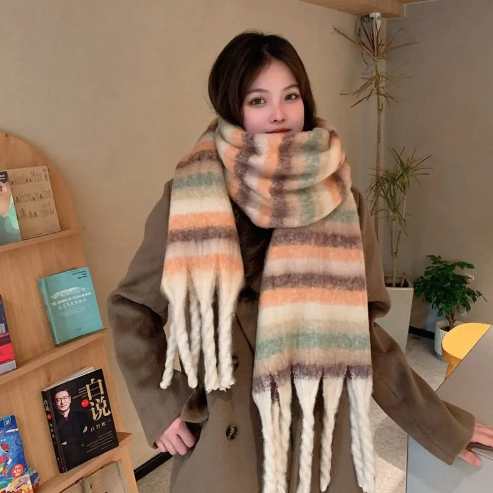Cashmere Mohair Stripe Pattern Scarf With Tassels — Beige | KIMLUD