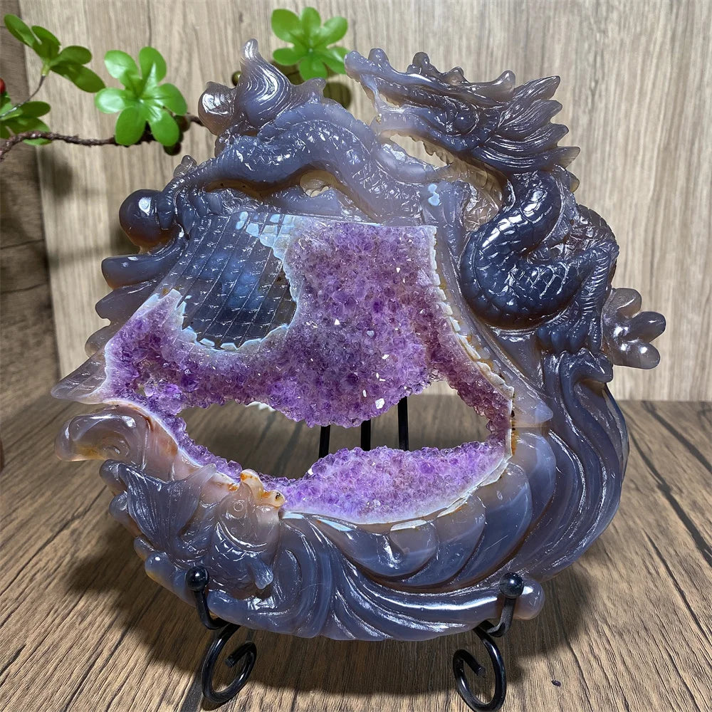 Amethyst Geode Dragon Carving Hand-Carved — Purple | KIMLUD